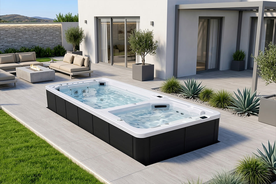 A rectangular outdoor swim spa with a black exterior and white interior