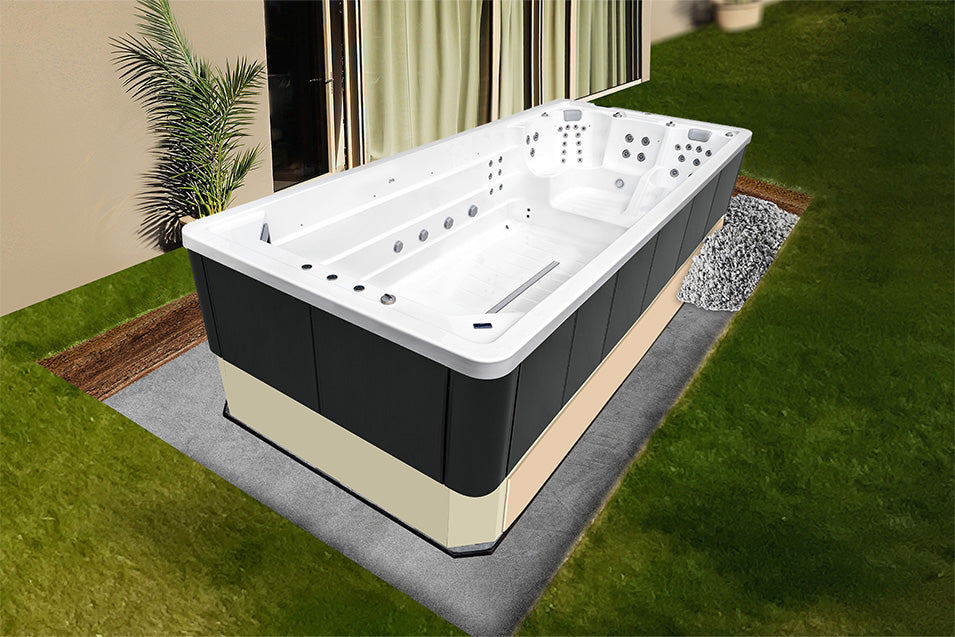 A rectangular outdoor swim spa, ready for semi-recessed installation.
